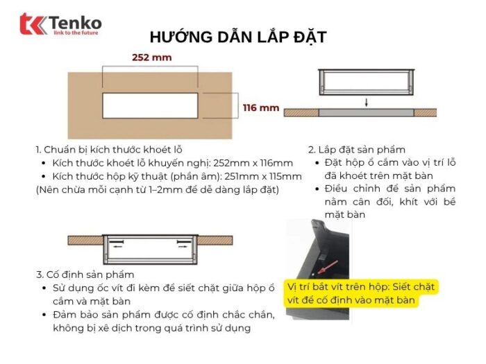 Thông số kỹ thuật và hướng dẫn lắp đặt ổ cắm âm bàn Tenko TK-D4S